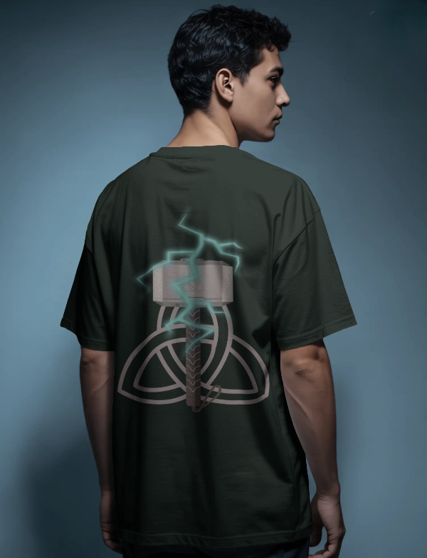 Men’s Oversized T-Shirt Half Sleeves Thor Hammer Bottle Green Color