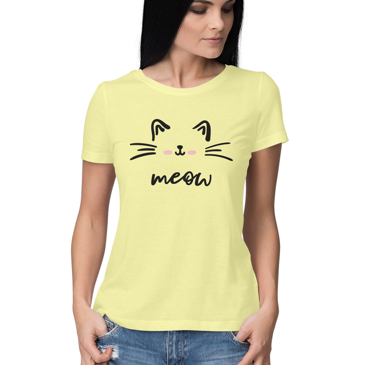 Women’s Round Neck T-Shirt Meow Print