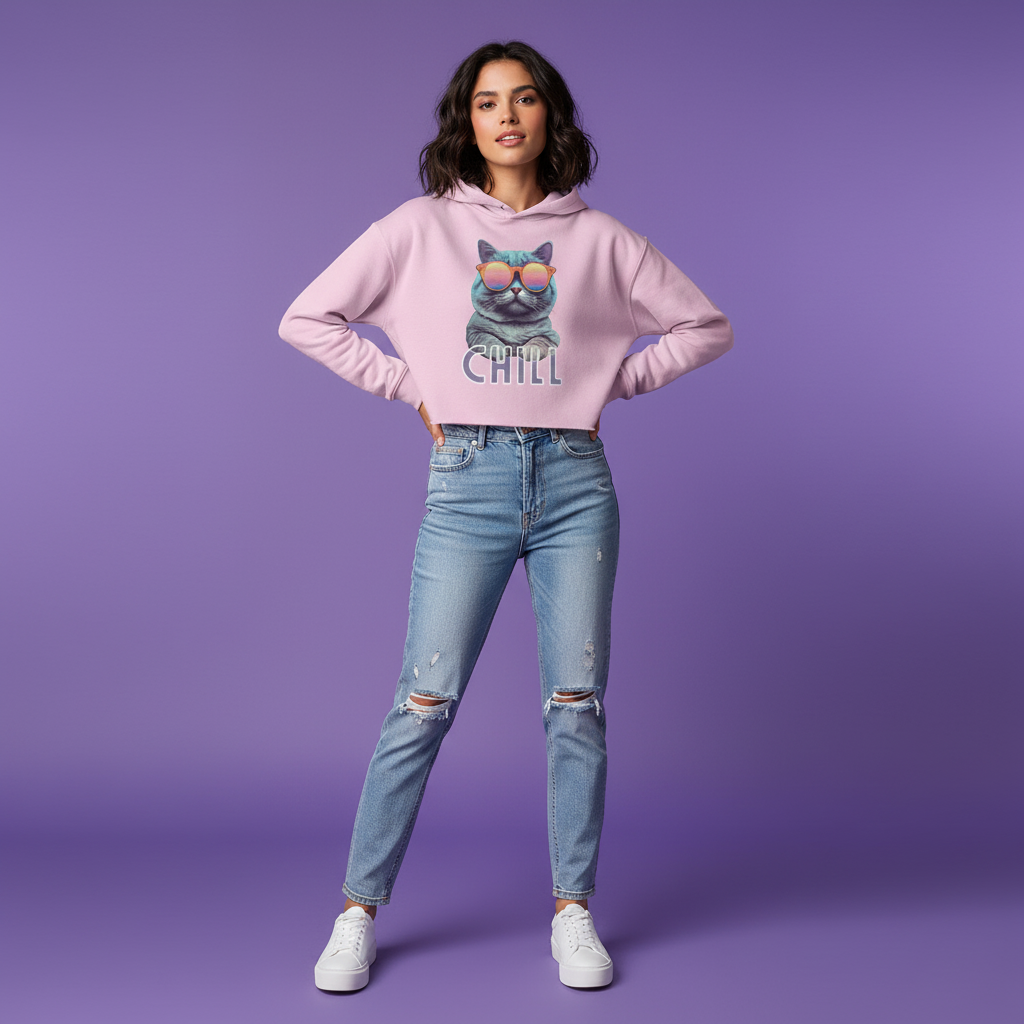 Women's Crop Hoodie Cat Chill Print